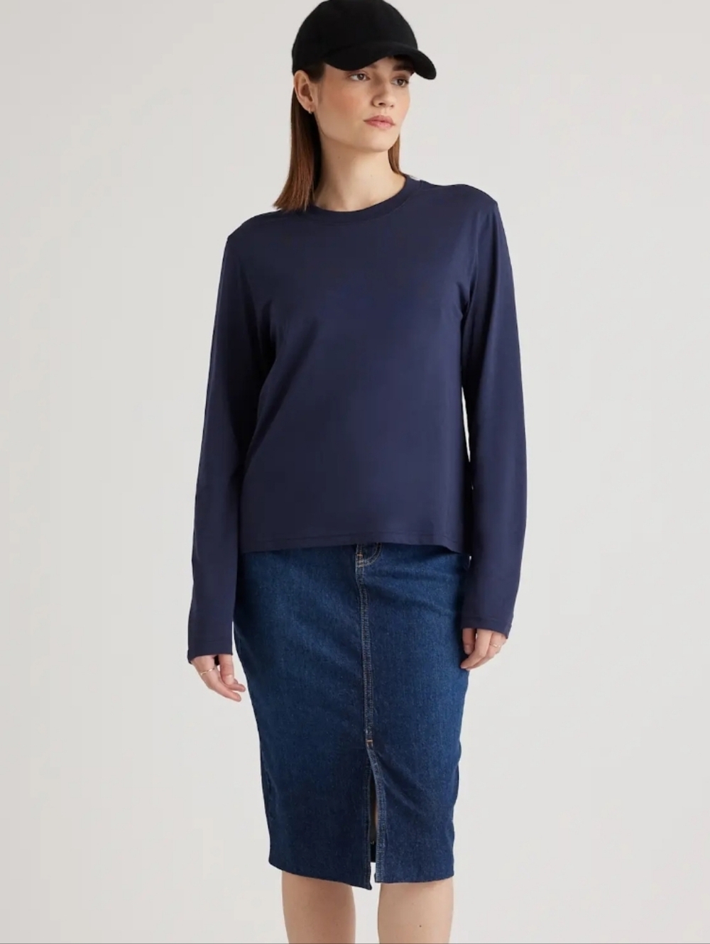 Quince Cotton Modal Relaxed Long Sleeve Tee Boxy Top Navy Womens Size Large